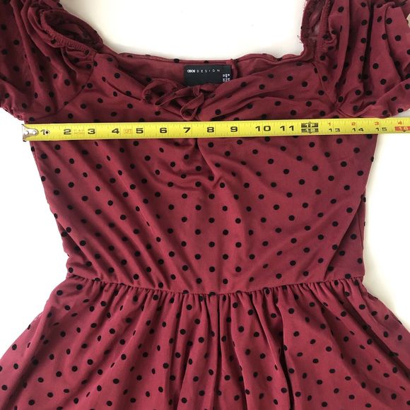 ASOS DESIGN flocked Burgundy Black Polka Dot ruched sleeve romper Size 8 - Picture 9 of 13